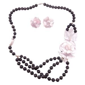 Black Marbleized Beaded and Floral Shell Necklace & Matching Earring Set NWOT